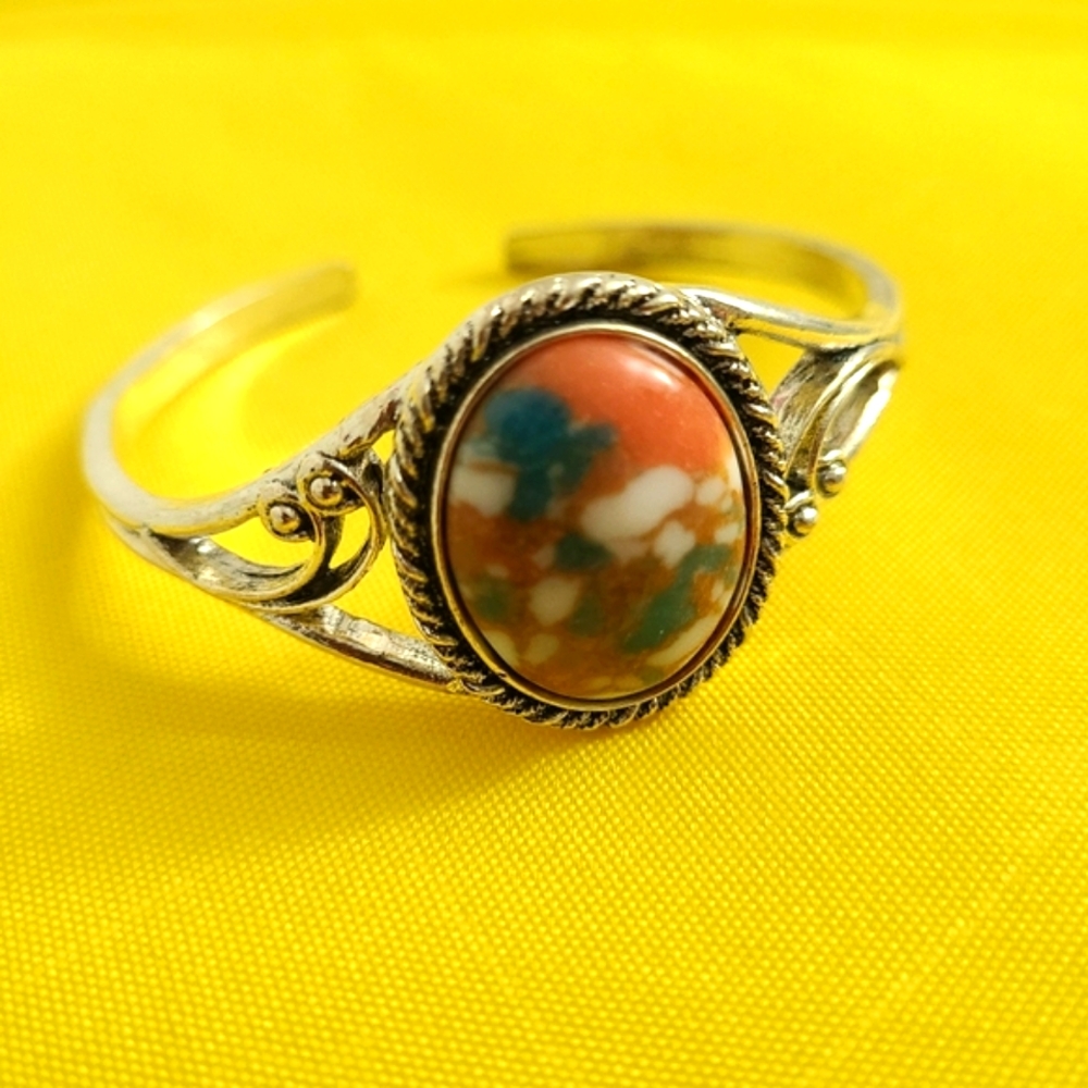 Silver Turquoise/Coral Bangle Bracelet